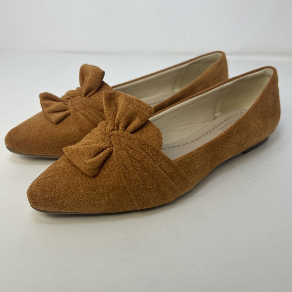 MUSSHOE Women's Pointed Toe Ballet Flats Mustard Yellow Suede Bow Knot Sz 10 New